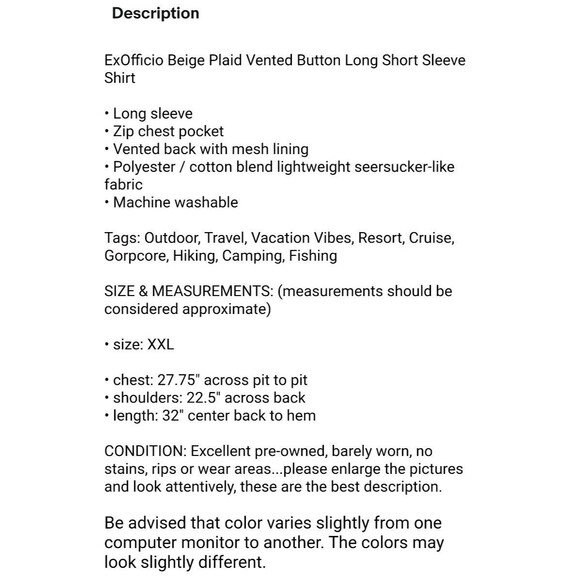 ExOfficio Beige Plaid Vented Button Long Short Sleeve Shirt  Men's XXL  Gorpcore - Picture 12 of 12